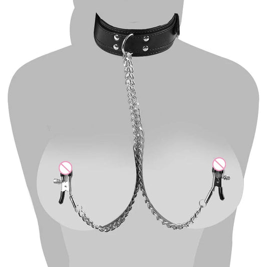 Bondage Collar Chain Nipple Clamps